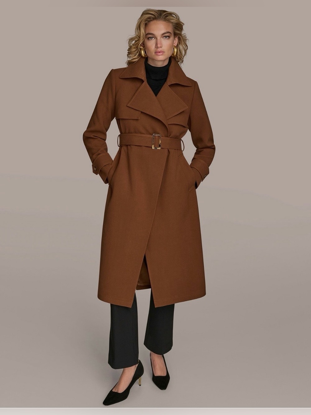 Donna Karan New York Belted Notched-Collar Trench Coat. SMALL. Tobacco